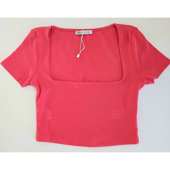 NWOT Ladies Zara Coral Pink Square Neck SS Cropped Stretch Tee Size Medium - Picture 1 of 5